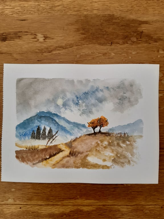 Painting, watercolour, hills pathway in trees, the mountain path