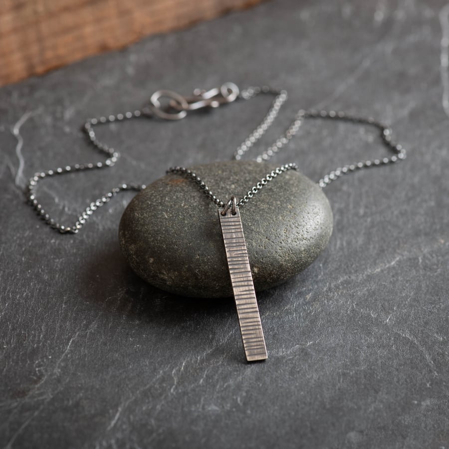 Lined Oxidised Eco Sterling Silver Bar Necklace