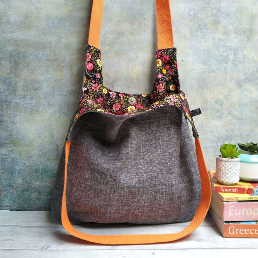 Grey Woven Textile and Vibrant Orange Hobo Bag
