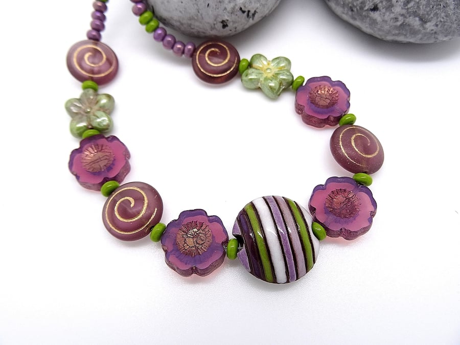 Czech glass necklace,ceramic necklace,lavender necklace,green necklace,gift