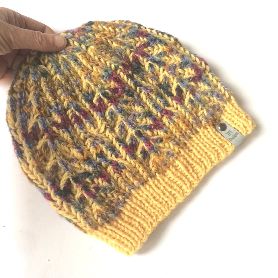Yellow & Grey hand knitted beanie 