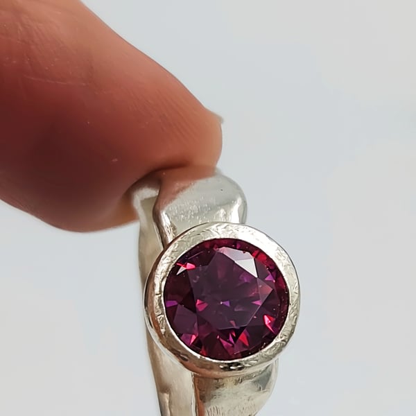 Forged Silver Ring with Pink Faceted Cubic Zirconia - Size P