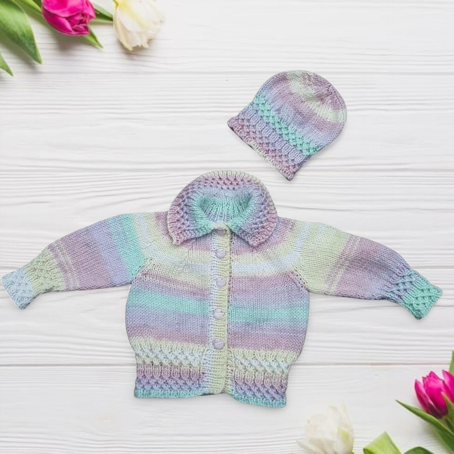 Hand knitted baby cardigan and hat 0 - 6 months 