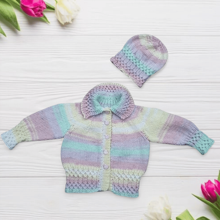 Hand knitted baby cardigan and hat 0 - 6 months 