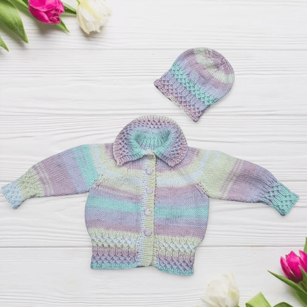 Hand knitted baby cardigan and hat 0 - 6 months 