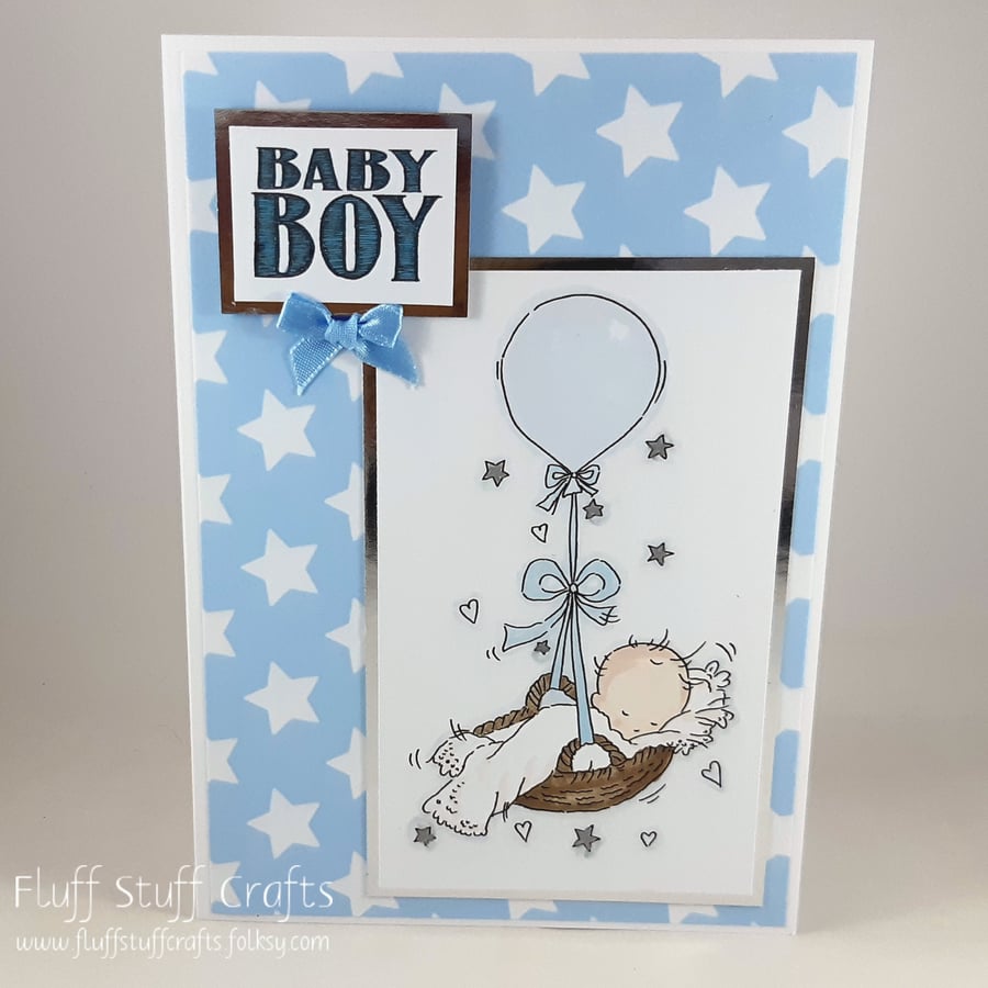 Handmade new baby boy card - balloon basket