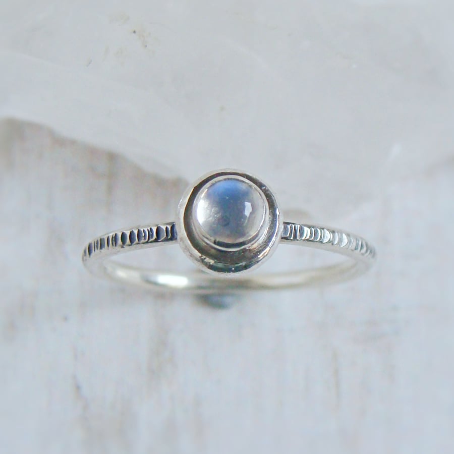 Recycled Sterling Silver Pebble Stacker Ring with Blue Moonstone No.1