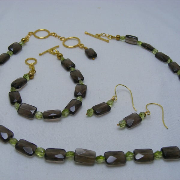Peridot and Smokey Quartz Gemstone Jewellery Set