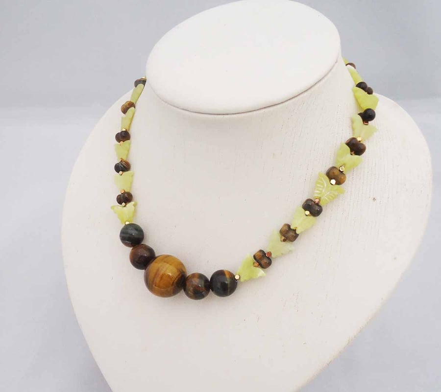 Tigers Eye and Jade Necklace, Butterfly Necklace, Brown and Olive Green Necklace