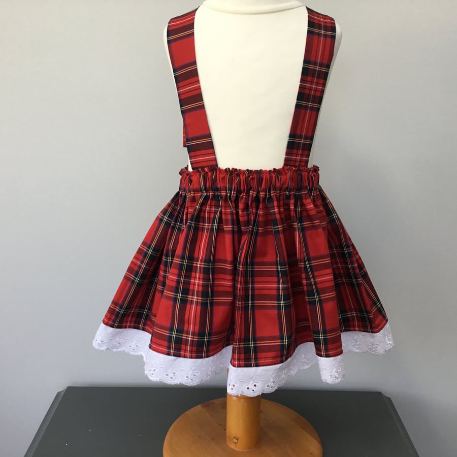 Girls Tartan Suspender frilly skirt, Royal Stewart tartan skirt with straps.