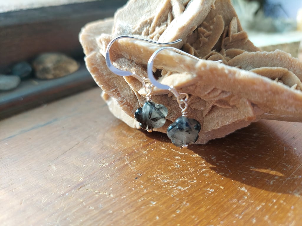 Sterling Silver Black Rutilated Quartz Flat Flower Earrings