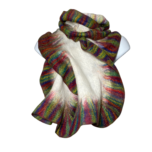 Multicoloured rainbow ruffle felted scarf