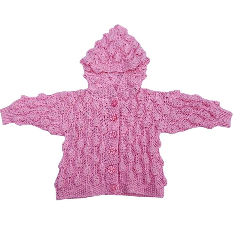 Pink hooded baby cardigan with bobble pattern 0 - 6 months 