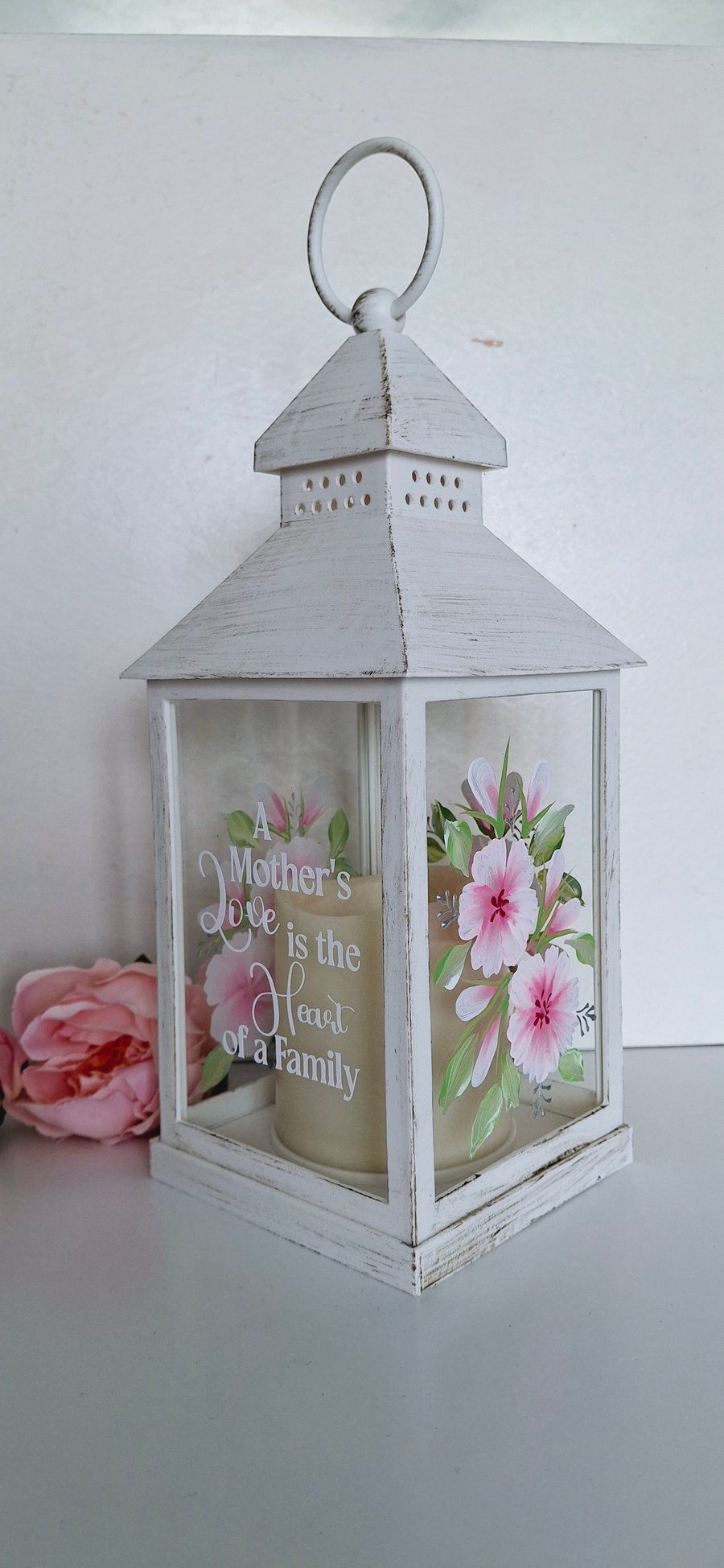 Mothers Day Lantern Gift, Hand Painted Pink Floral Candle Lantern with Quote