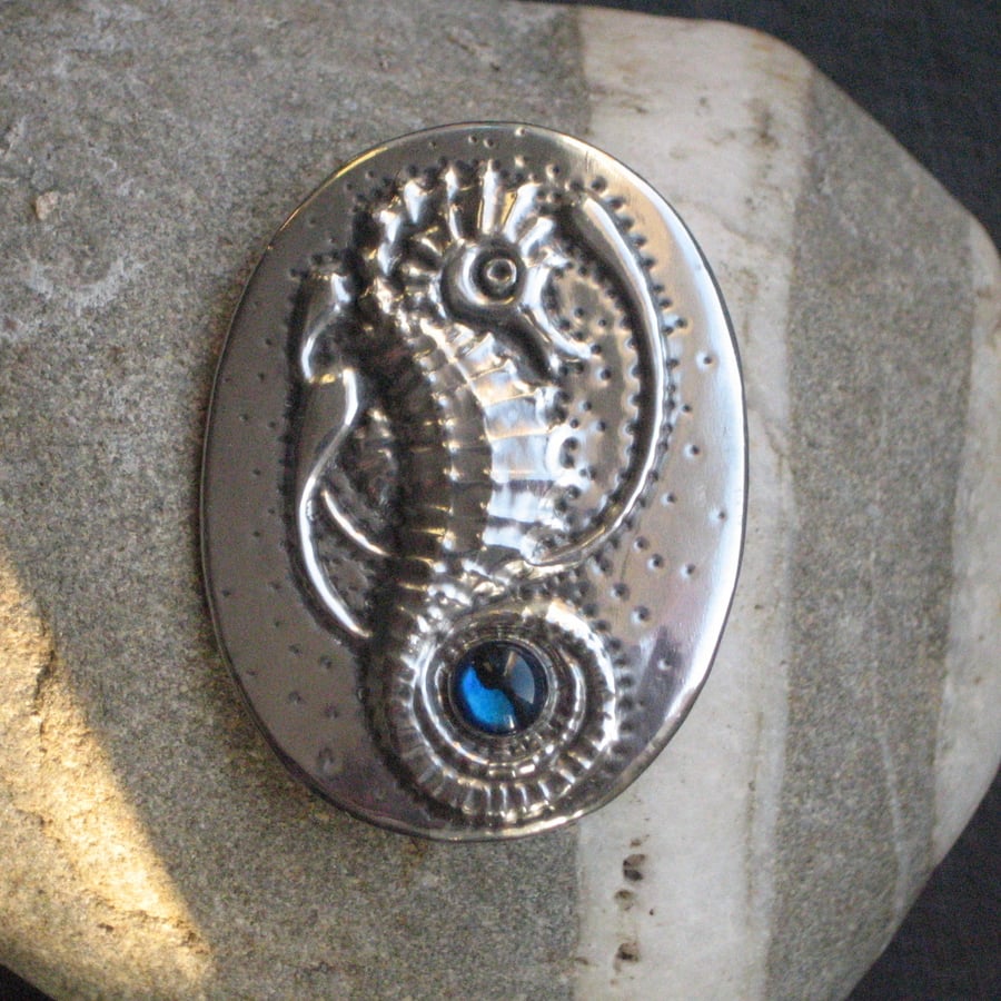 Pewter Seahorse Brooch with Blue Shell