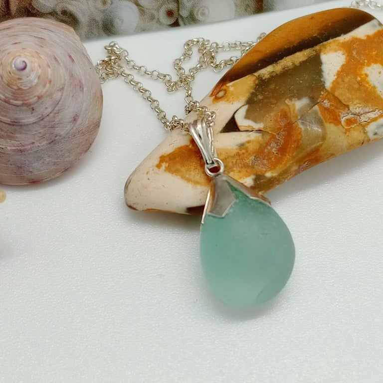 Aqua blue green sea glass pendant seaham sea tumbled 