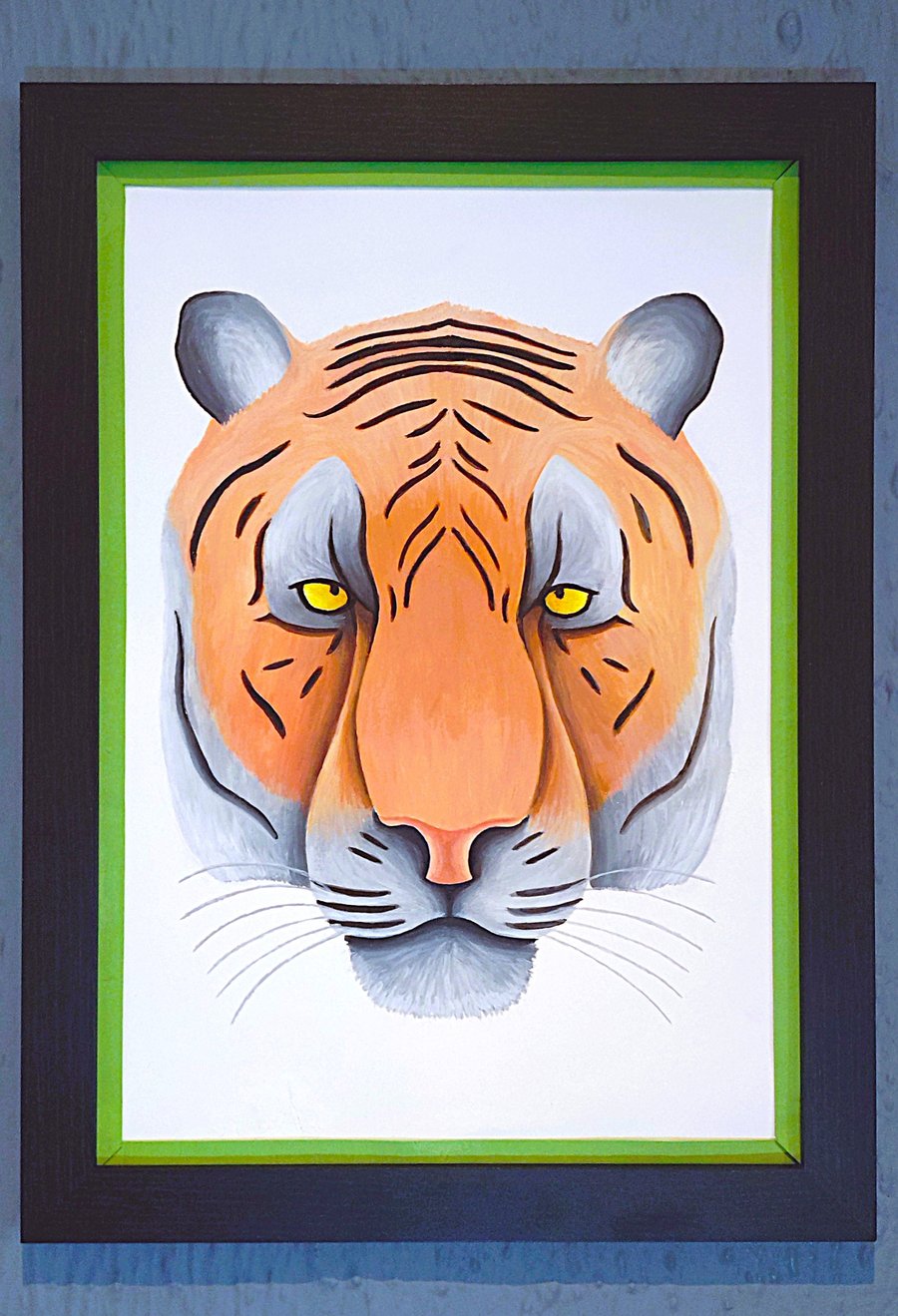 Handmade Unique Framed A3 Print Colourful Tiger Head Light Green Border Wallart