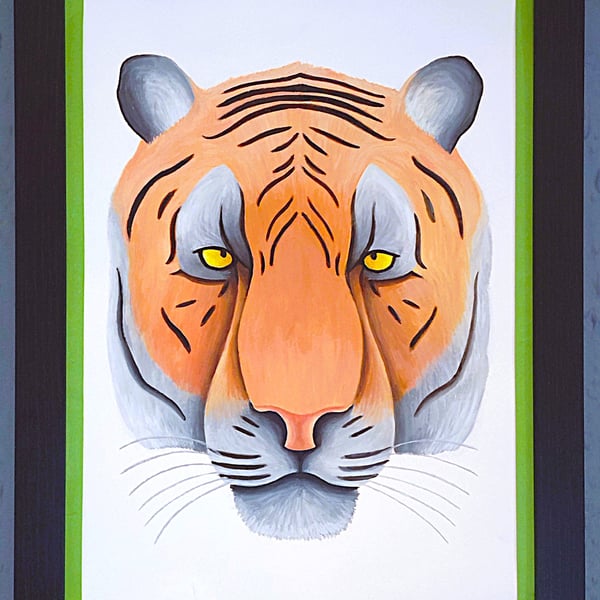 Handmade Unique Framed A3 Print Colourful Tiger Head Light Green Border Wallart