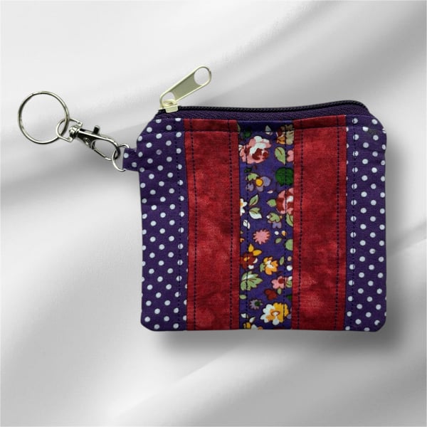 Quilt Patchwork Coin purse in Purple and red with key fob