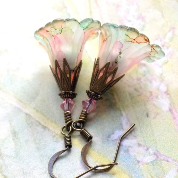 Pink and Green Pastel Hand Painted Lucite Lily Flower Earrings