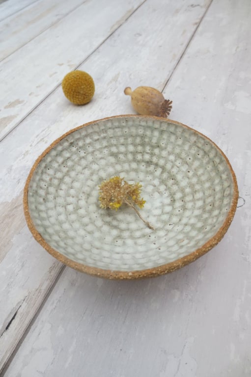 TRINKET DISH hand-built stoneware pottery tealight dish in matt white-green