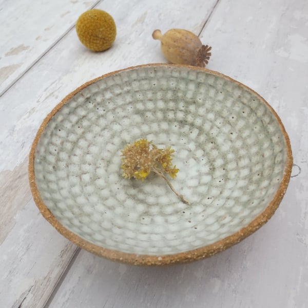 TRINKET DISH hand-built stoneware pottery tealight dish in matt white-green