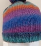 Handknit Bobble Hat 100% wool Blue Green Rust MED - Image 6