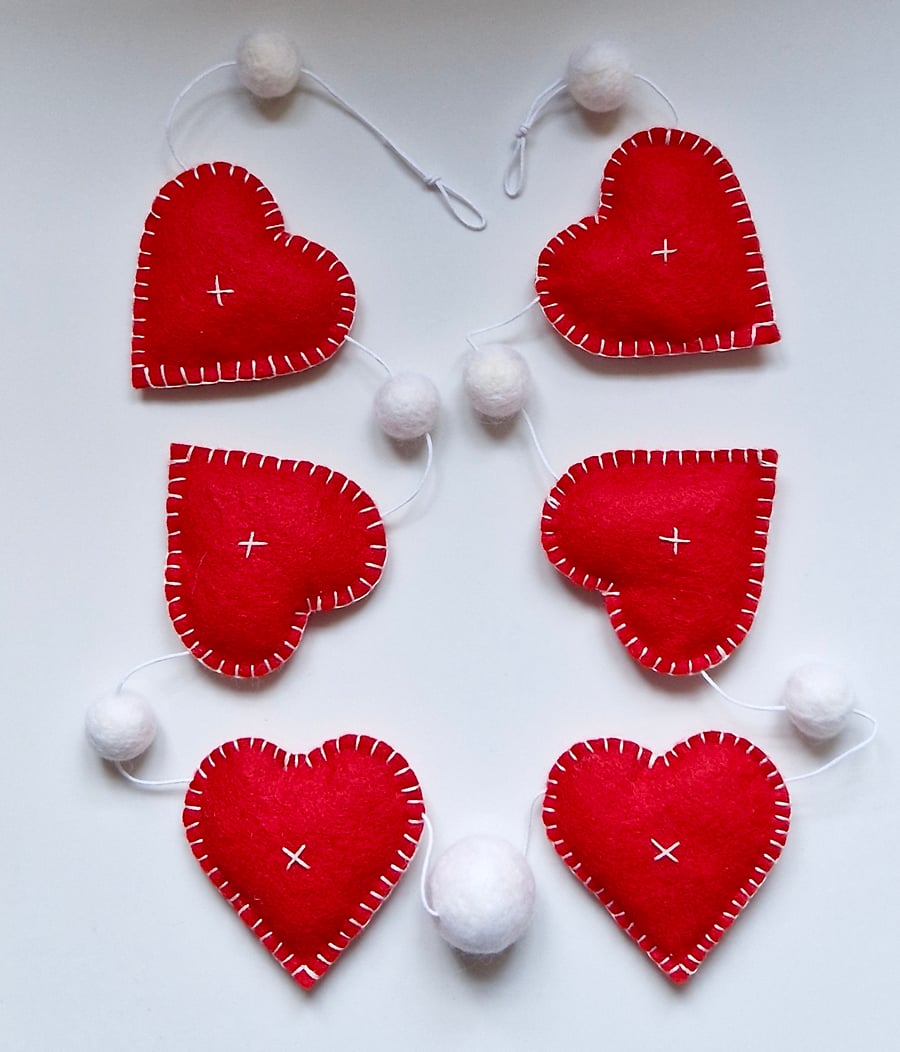 Red Felt Hearts and White Felted Balls Garland Bunting - Home & Party Decoration