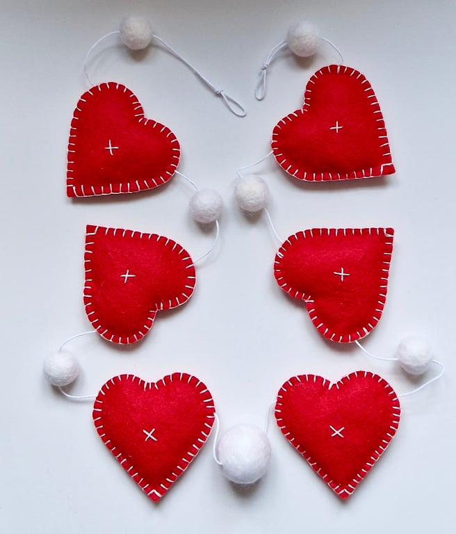 Red Felt Hearts and White Felted Balls Garland Bunting - Home & Party Decoration
