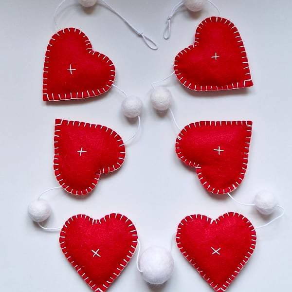 Red Felt Hearts and White Felted Balls Garland Bunting - Home & Party Decoration
