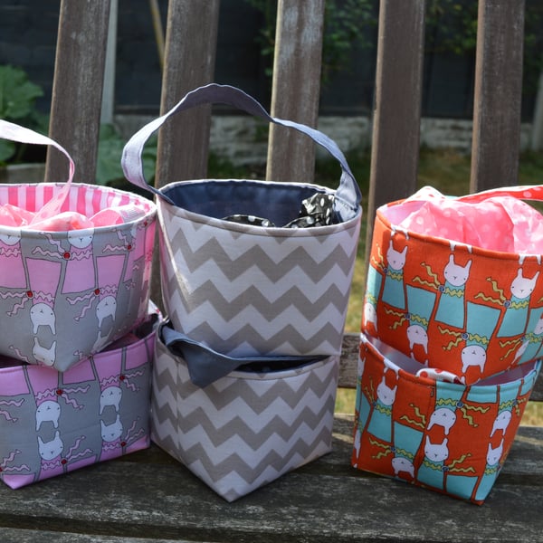 SALE  Set of six small fabric baskets with handles, 3 designs.