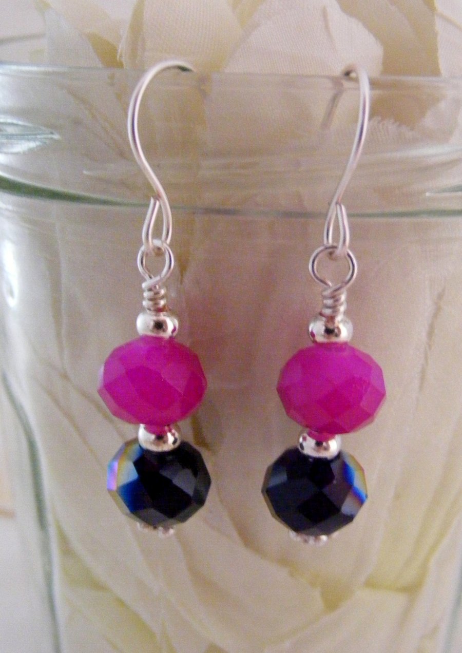 Fuchsia and Black Crystal Earrings