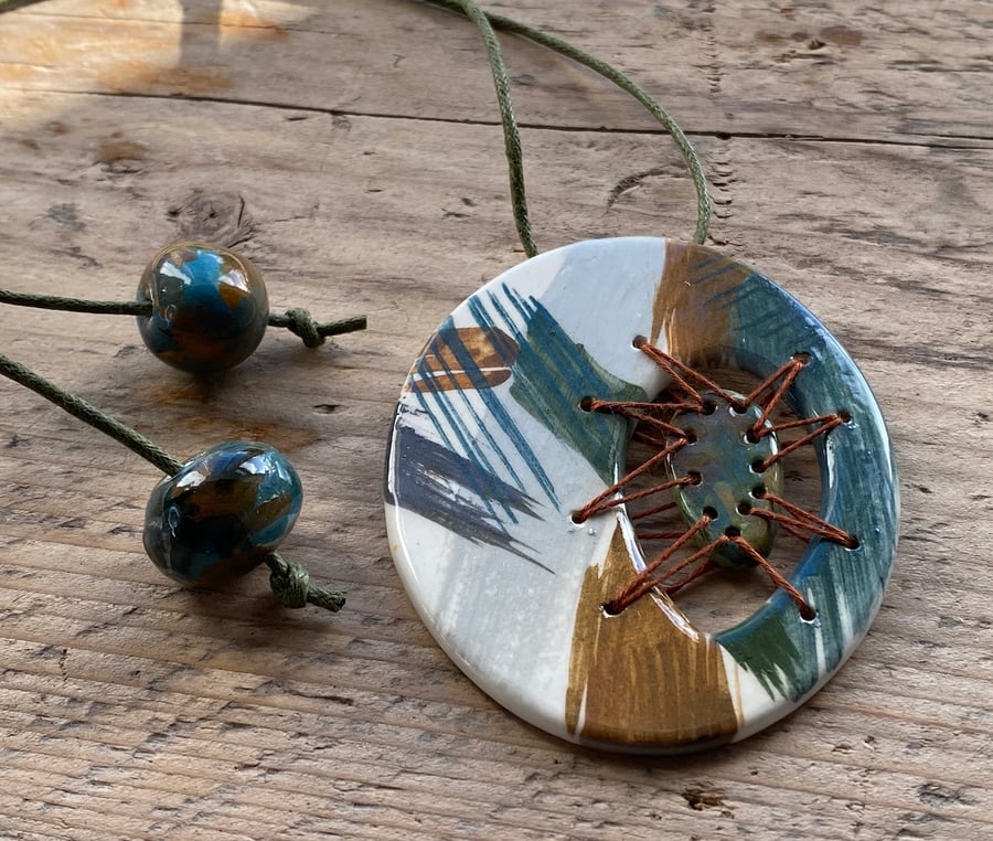 Pendant Statement Necklace Handmade Ceramic with Stitched Fragment