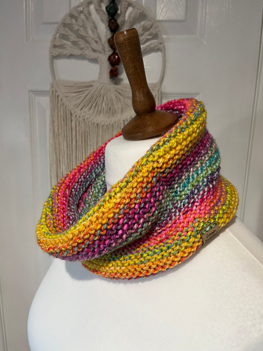 Rainbow coloured warm acrylic knitted neck warmer, cowl, 56cms x 20cms wide