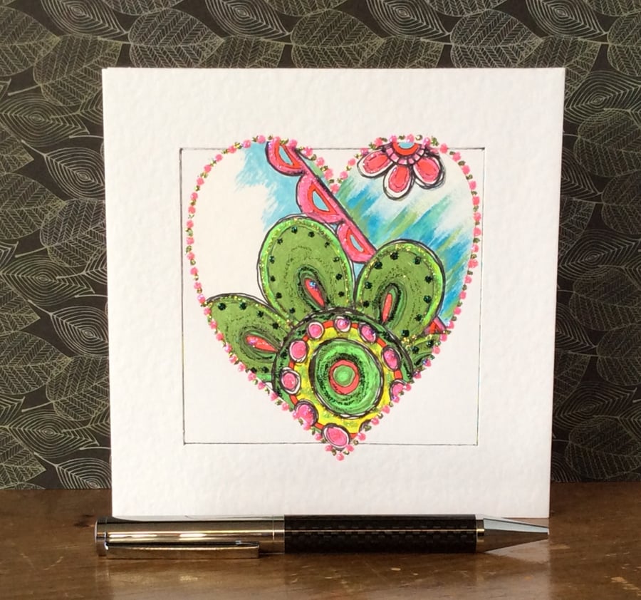 Bright and sparkly handmade flower Art Card. 