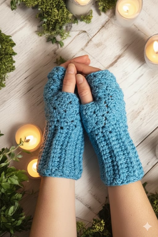 Hand Crochet Fingerless Gloves Blue Teal Wrist Warmers Winter Gift