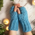 Hand Crochet Fingerless Gloves Blue Teal Wrist Warmers Winter Gift
