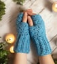 Hand Crochet Fingerless Gloves Blue Teal Wrist Warmers Winter Gift