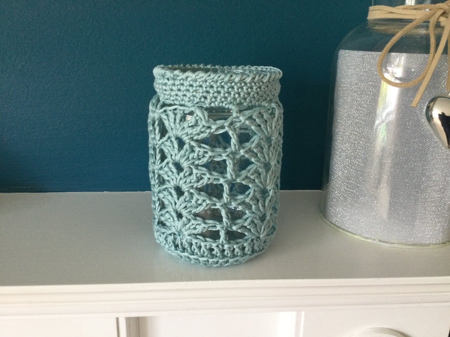 Crochet Cotton Covered Tealight Holder or Storage Jar 