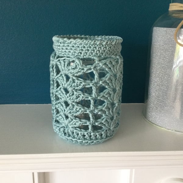 Crochet Cotton Covered Tealight Holder or Storage Jar 