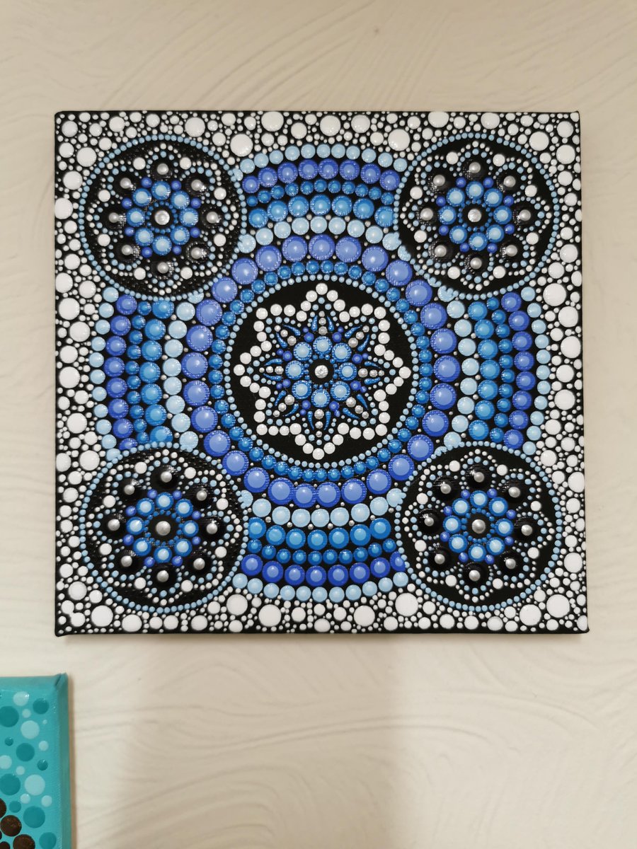 Hand painted blue and white mandala canvas - Frosty