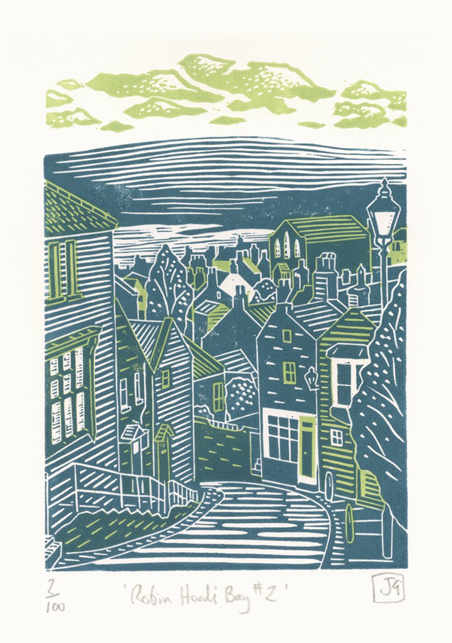 Robin Hood's Bay No.2 two-colour linocut print