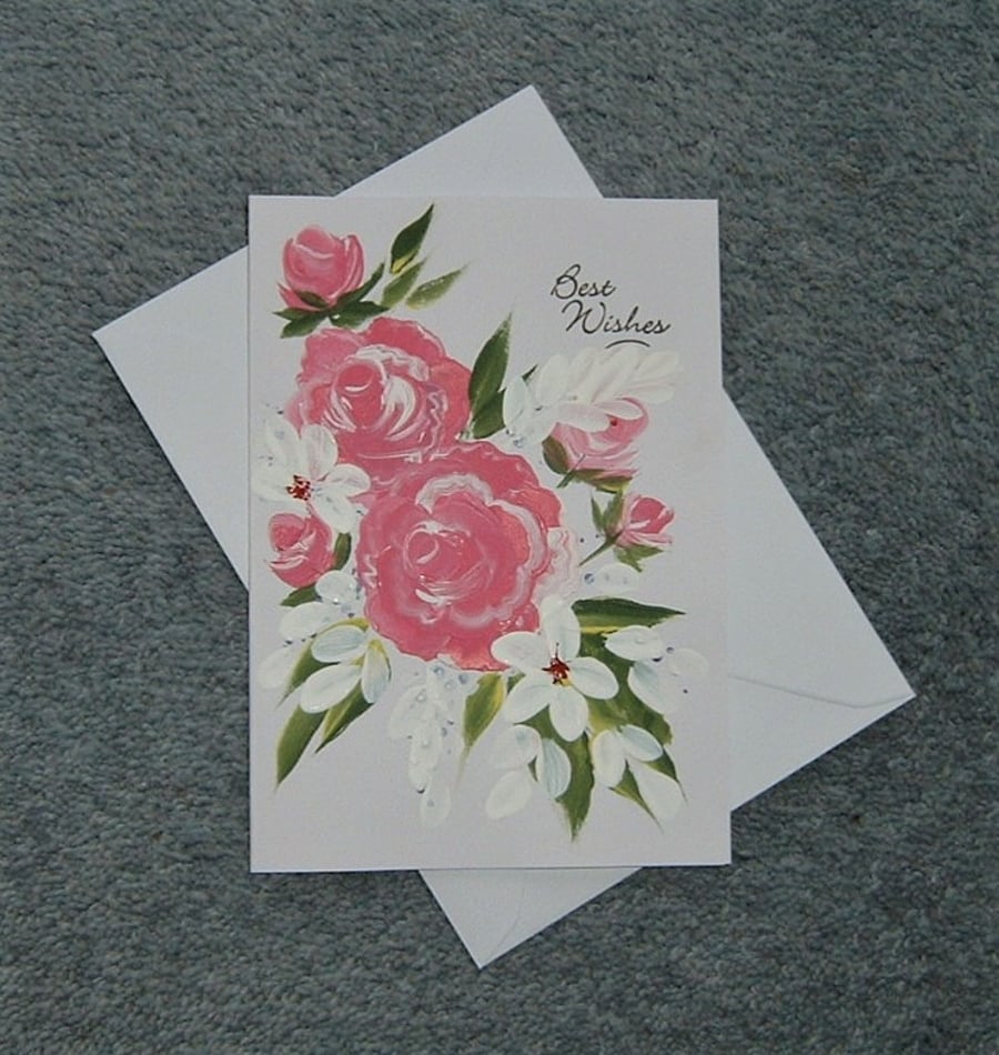 original hand painted floral Best wishes blank greetings card ( ref F 60 )