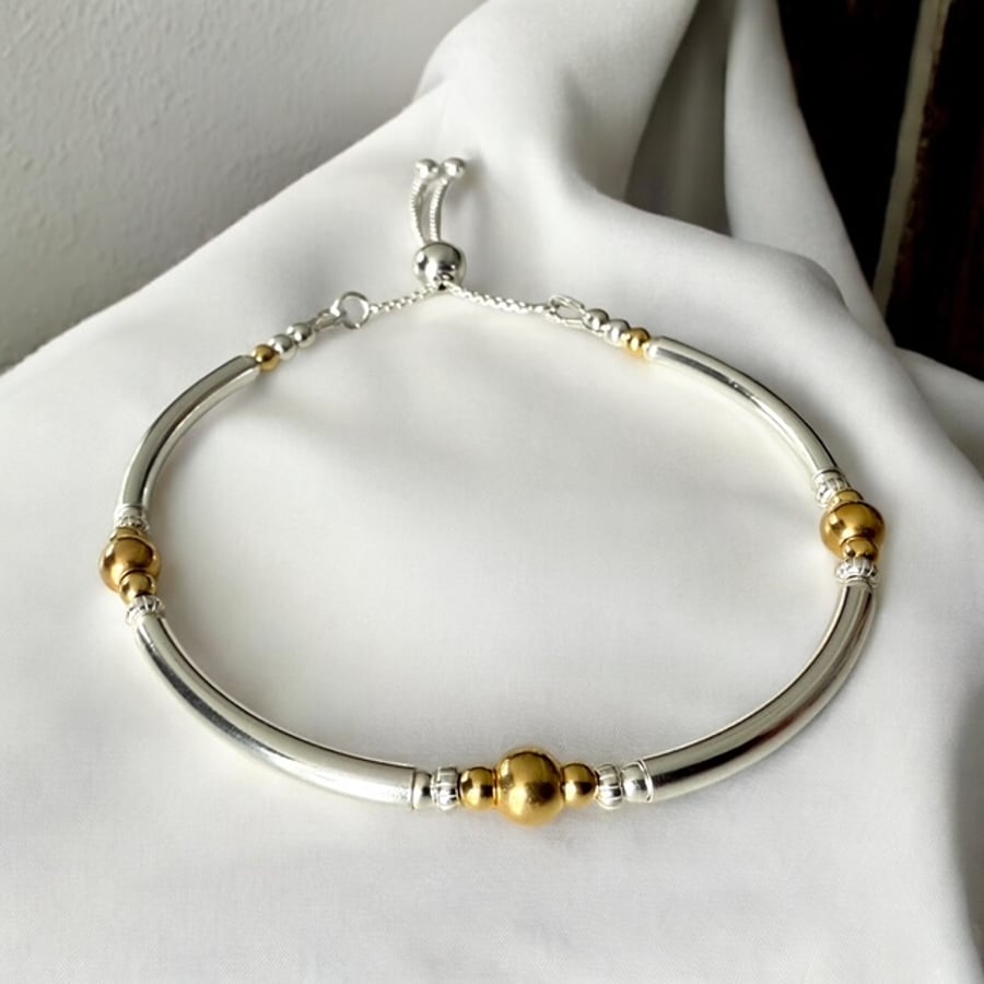 Sterling Silver Gold Vermeil Bead Bracelet, Adjustable Slider Clasp Bracelet