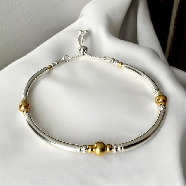 Sterling Silver Gold Vermeil Bead Bracelet, Adjustable Slider Clasp Bracelet