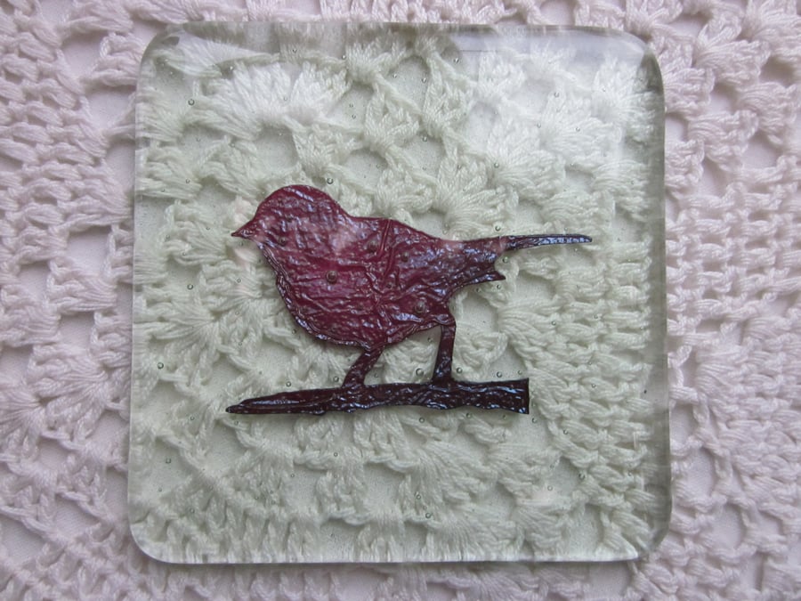 Handmade fused glass coaster - copper sparrow on pale green tea tint