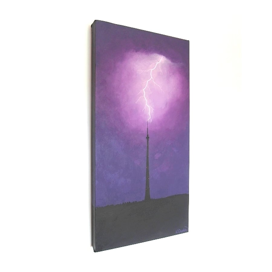 Lightning Strikes original painting - stormy acrylic art of Emley Moor Tower