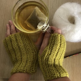 Fingerless gloves, crocheted wristwarmers, chartreuse, perfect gift