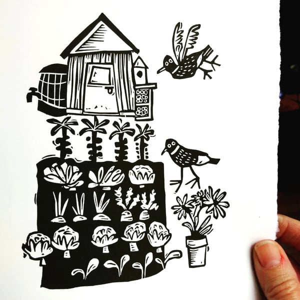 Get off my plot pigeons - lino cut print