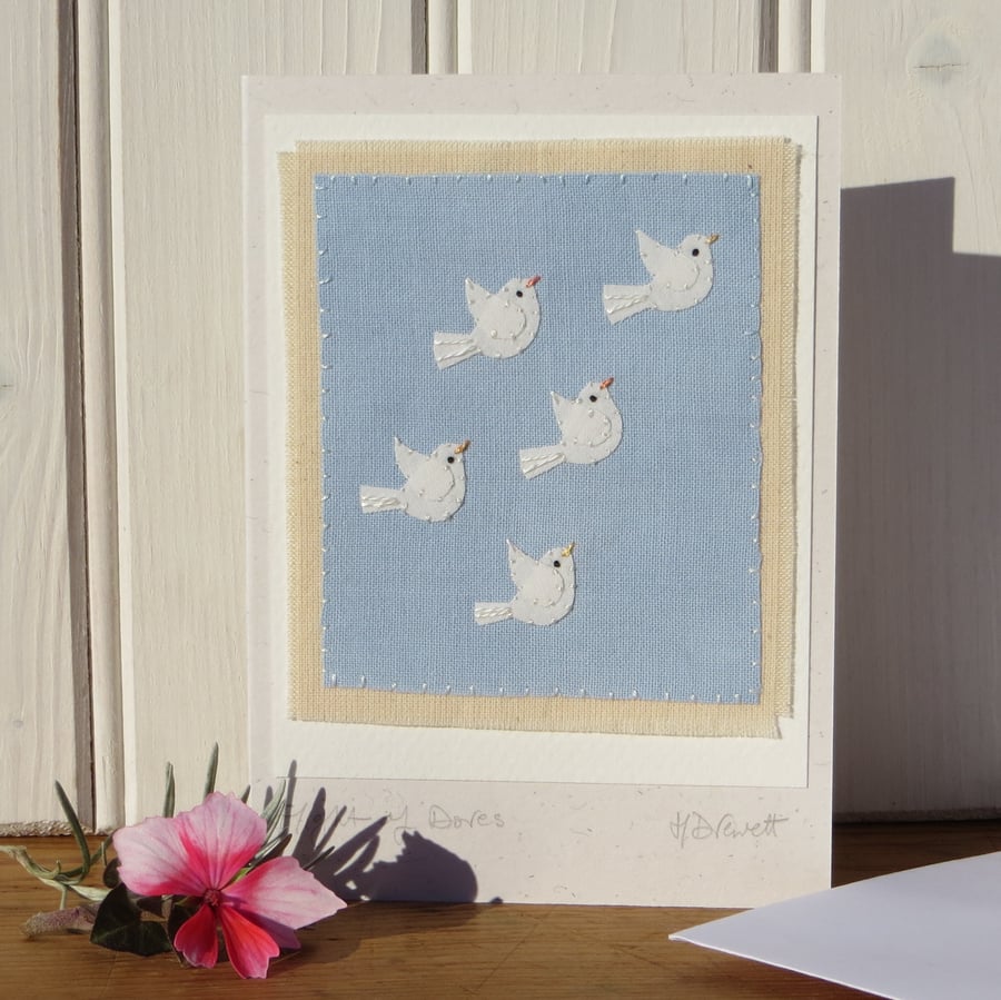 Flight of Doves hand-stitched card, detailed and embroidered with care